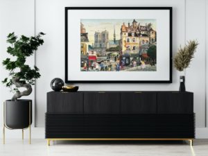 Paris street scene, Notre Dame, print, naïve art, Fontaine