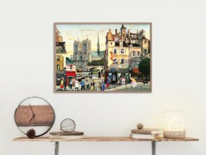 Paris street scene, Notre Dame, print, naïve art, Fontaine