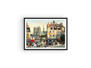 Paris street scene, Notre Dame, print, naïve art, Fontaine