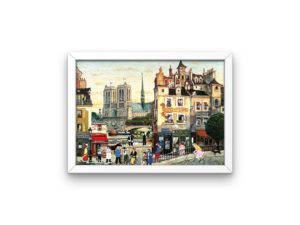 Paris street scene, Notre Dame, print, naïve art, Fontaine