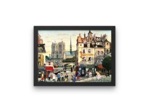 Paris street scene, Notre Dame, print, naïve art, Fontaine