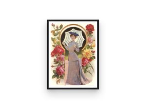 1901 Paris fashion, High Life Tailor, woman with umbrella, roses, French, Vintage print